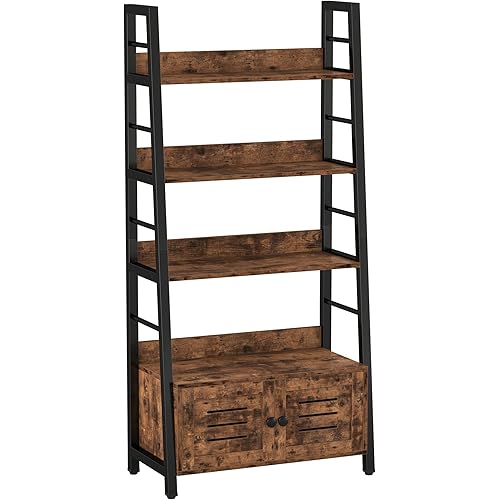 IRONCK Bookshelf with Louvered Doors, 3-Tier Ladder Shelf with Cabinet Industrial Accent Furniture for Bedroom Living Room Home Office, Rustic Brown
