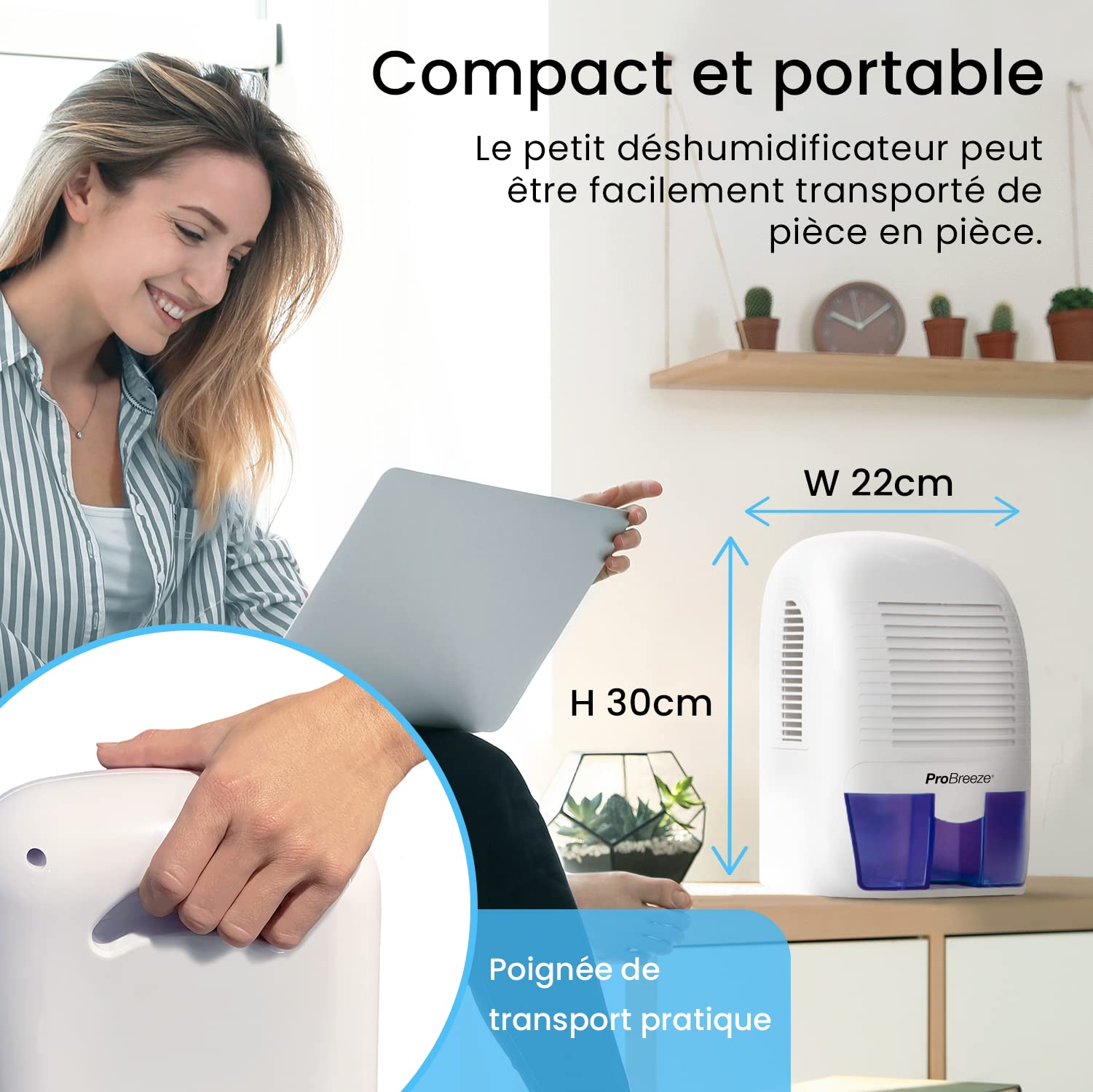 Pro Breeze Déshumidificateur 1500ml, compact, portable & silencieux - contre l'humidité et les moisissures dans la maison, chambre, salle de bain