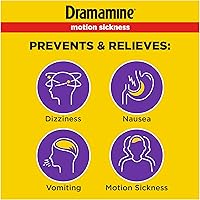 Vista 3 de Dramamine Alivio del mareo por movimiento, tabletas todo el día menos somnolencia, 8 unidades, paquete de 3 y uva masticable para niños, 8