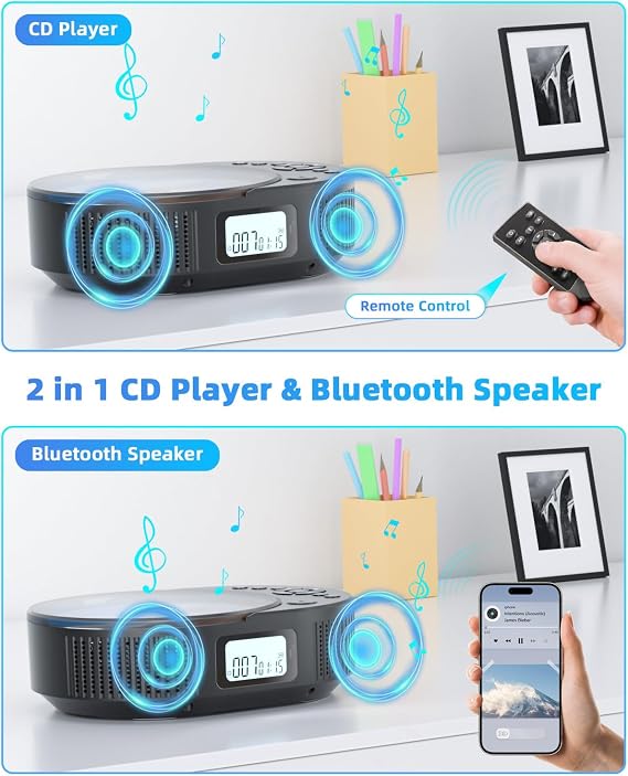 Portable CD Player, Bluetooth CD Player with Speakers, CD Players for Home, Boombox CD Player for Car, Supports FM Radio/AUX/USB/Remote Control/Timer/Repeat, Black