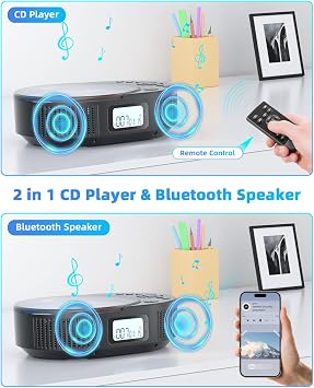 Portable CD Player, Bluetooth CD Player with Speakers, CD Players for Home, Boombox CD Player for Car, Supports FM Radio/AUX/USB/Remote Control/Timer/Repeat, Black