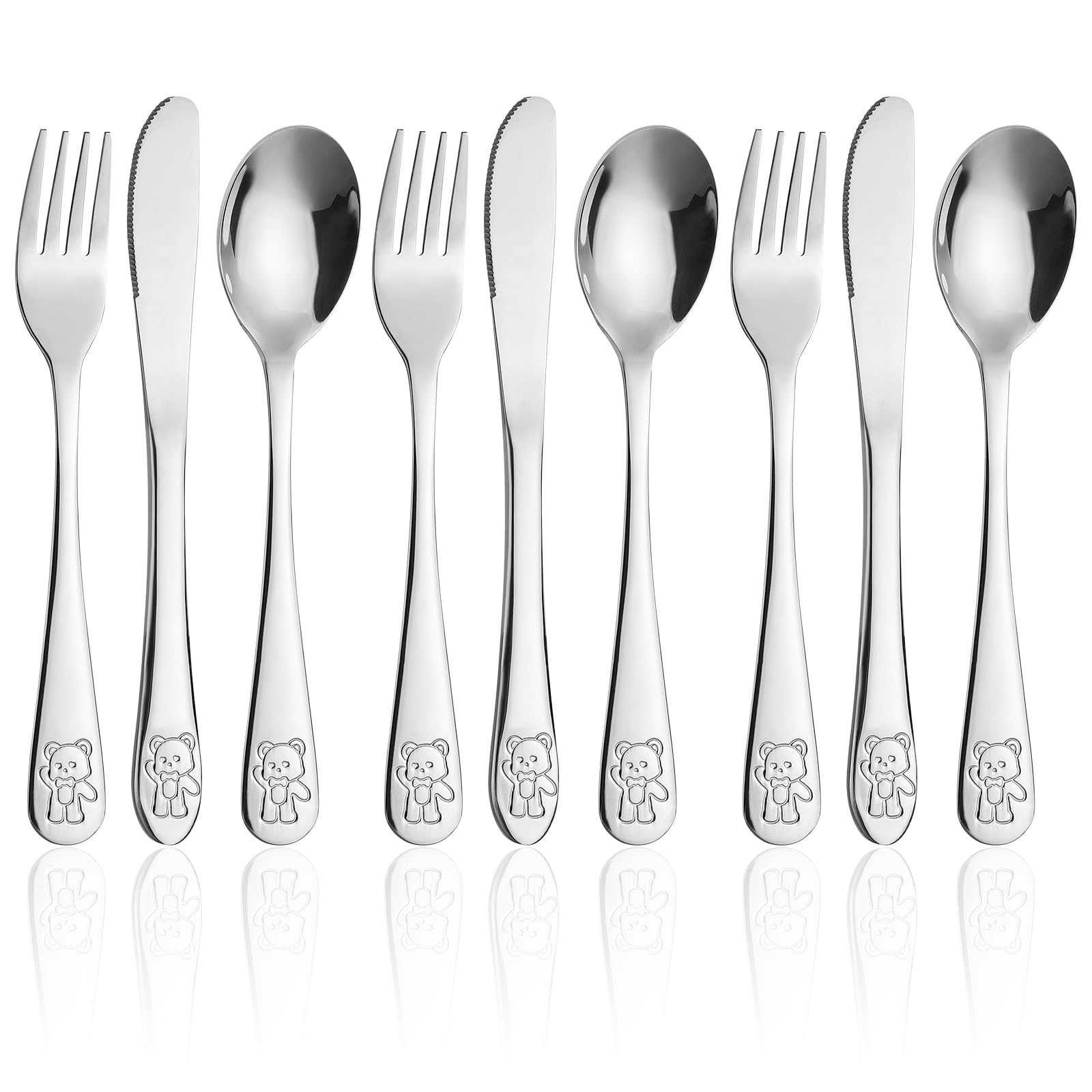 9 posate per bambini in acciaio inox, 3 forchette, 3 cucchiai, 3 coltelli, lavabili in lavastoviglie, set di posate per bambini, con incisione, regalo per battesimo per ragazze e ragazzi (argento)