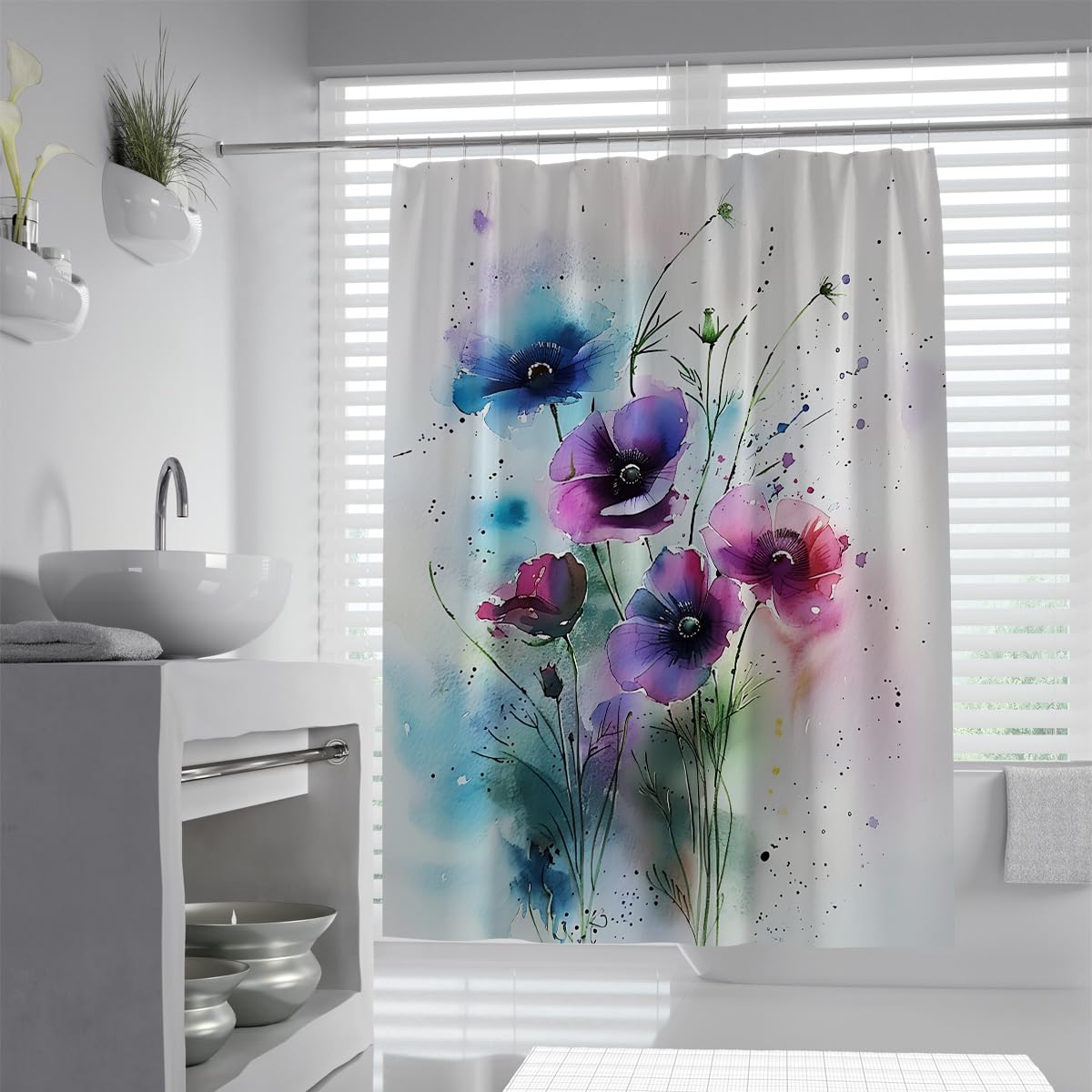 UIRINGART Purple Poppy Shower Curtain W200xL200cm Abstract Floral Painting Waterproof Quick Dry Polyester Fabric Machine Washable Bathroom Curtain