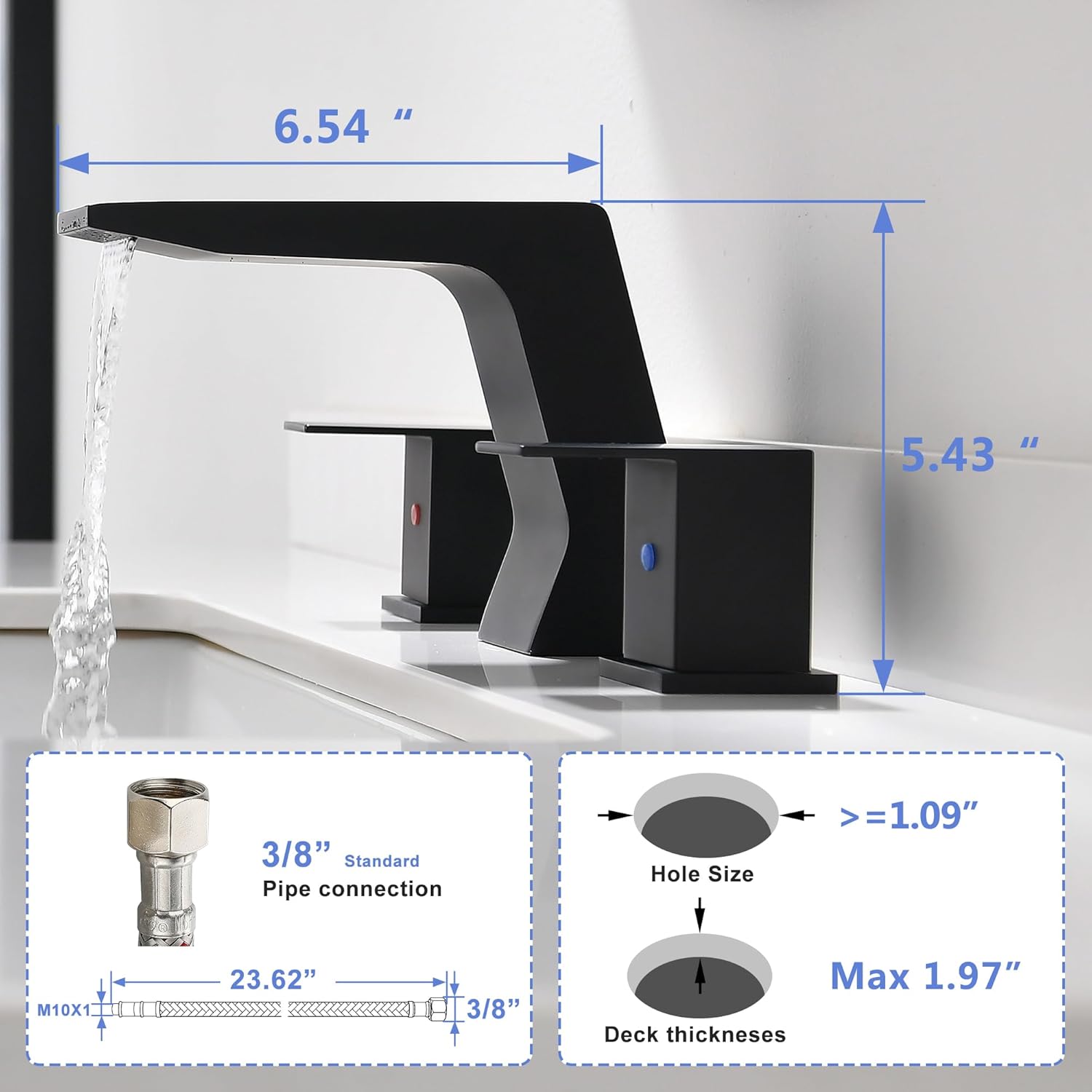 Black Bathroom Faucets for Sink 3 Hole - 8 inch Widespread Bathroom Faucet | Matte Black 2 Handle Bathroom Vanity Faucet | Hot and Cold Waterfall Bathroom Sink Faucet with Drain & Supply Hoses