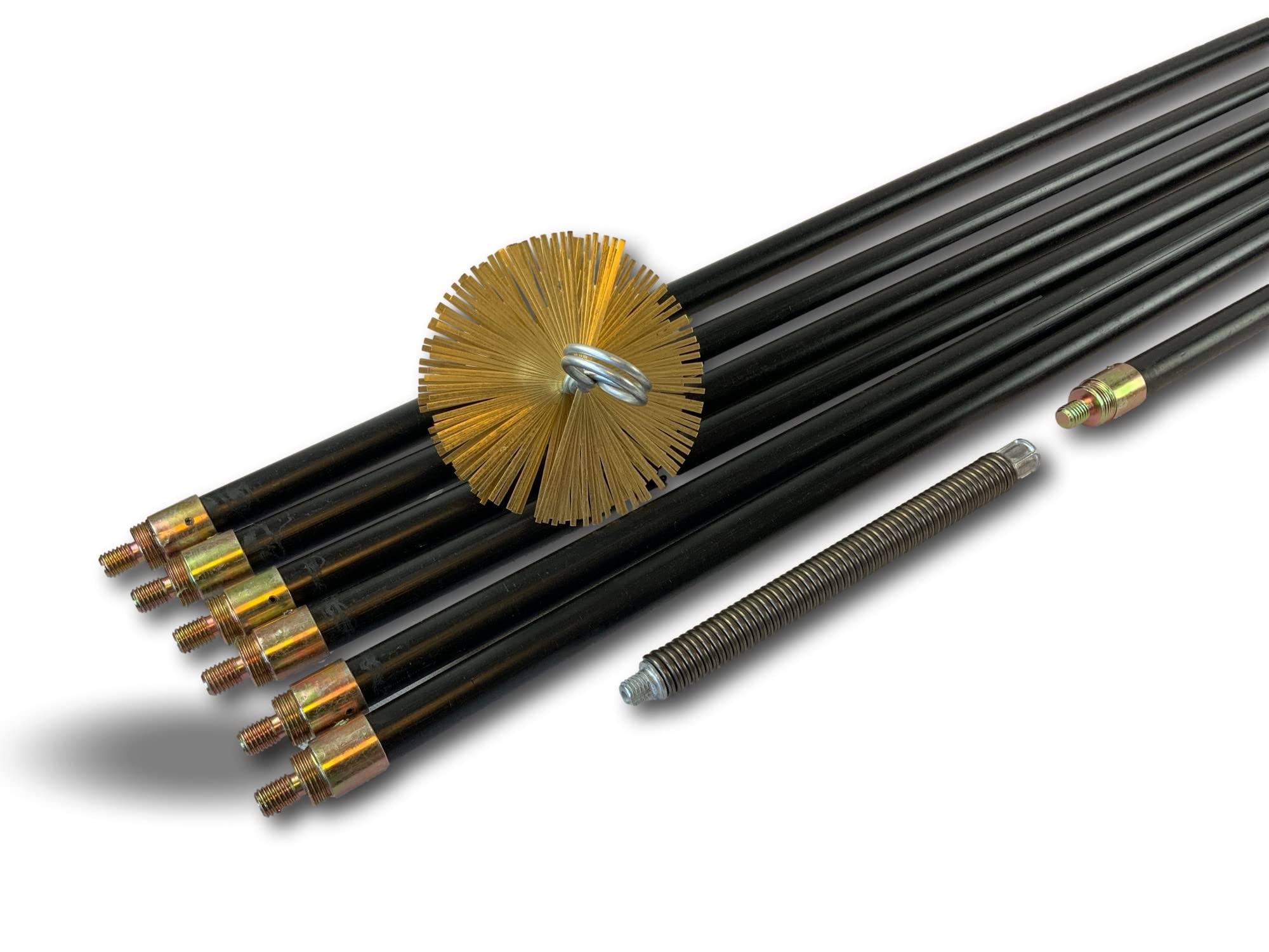Kibros Kit spazzacamino iper pro non intubata scovolo in acciaio Ø 125 mm | Scovolo acciaio piatto rinforzato, 7 aste piene Ø 20 mm (6×2 m + 1×1 m), 13,25 m, canne fumarie non intubate.