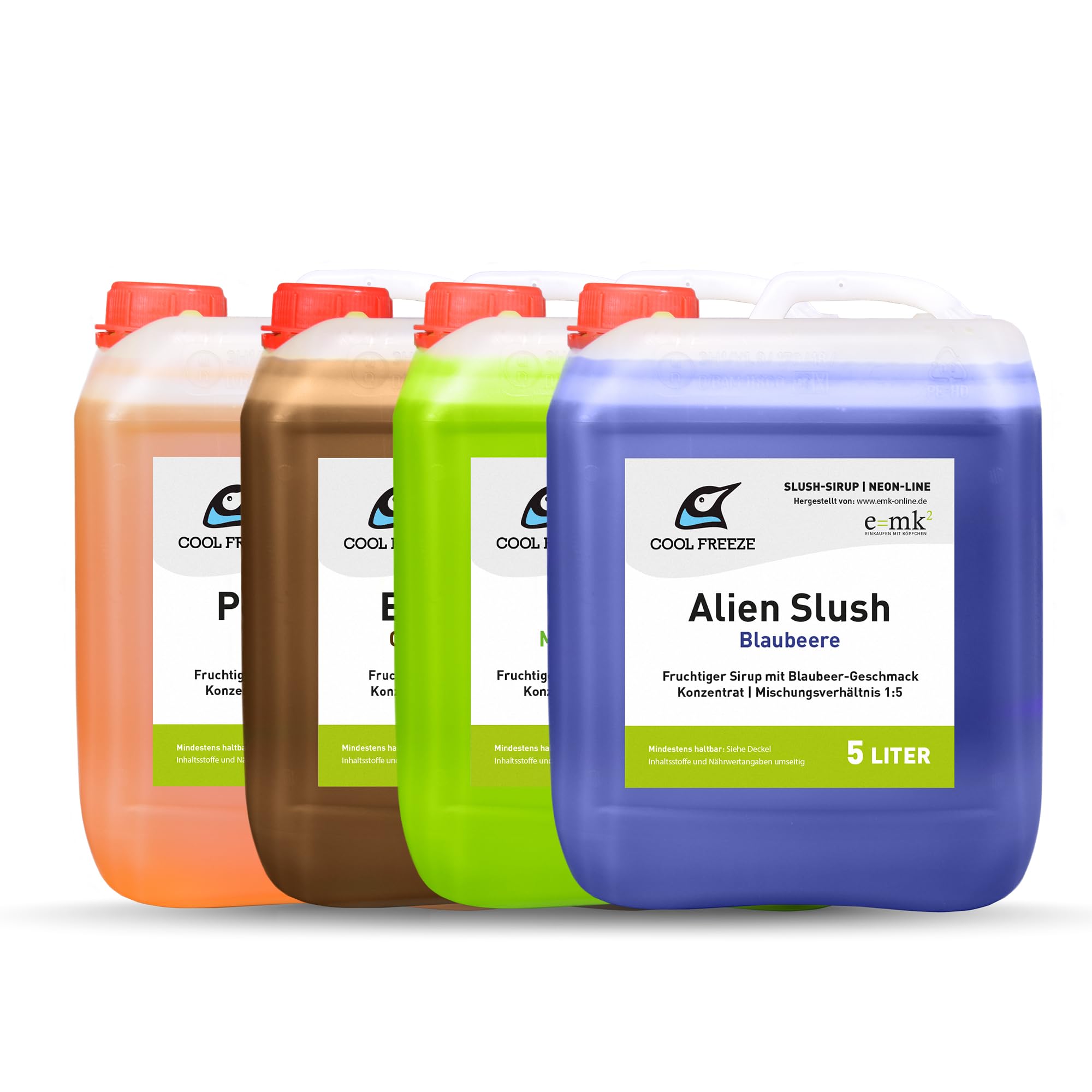 Slush-Eis-Sirup 4×5 L Set – Cola, Pfirsich, Waldmeister & Blaubeere | Konzentrat 1:5 Mix-Set | Glycerin Frei | Slushy Eis selber machen | Perfekt für Ninja Slushy Maschine | Premium Qualität