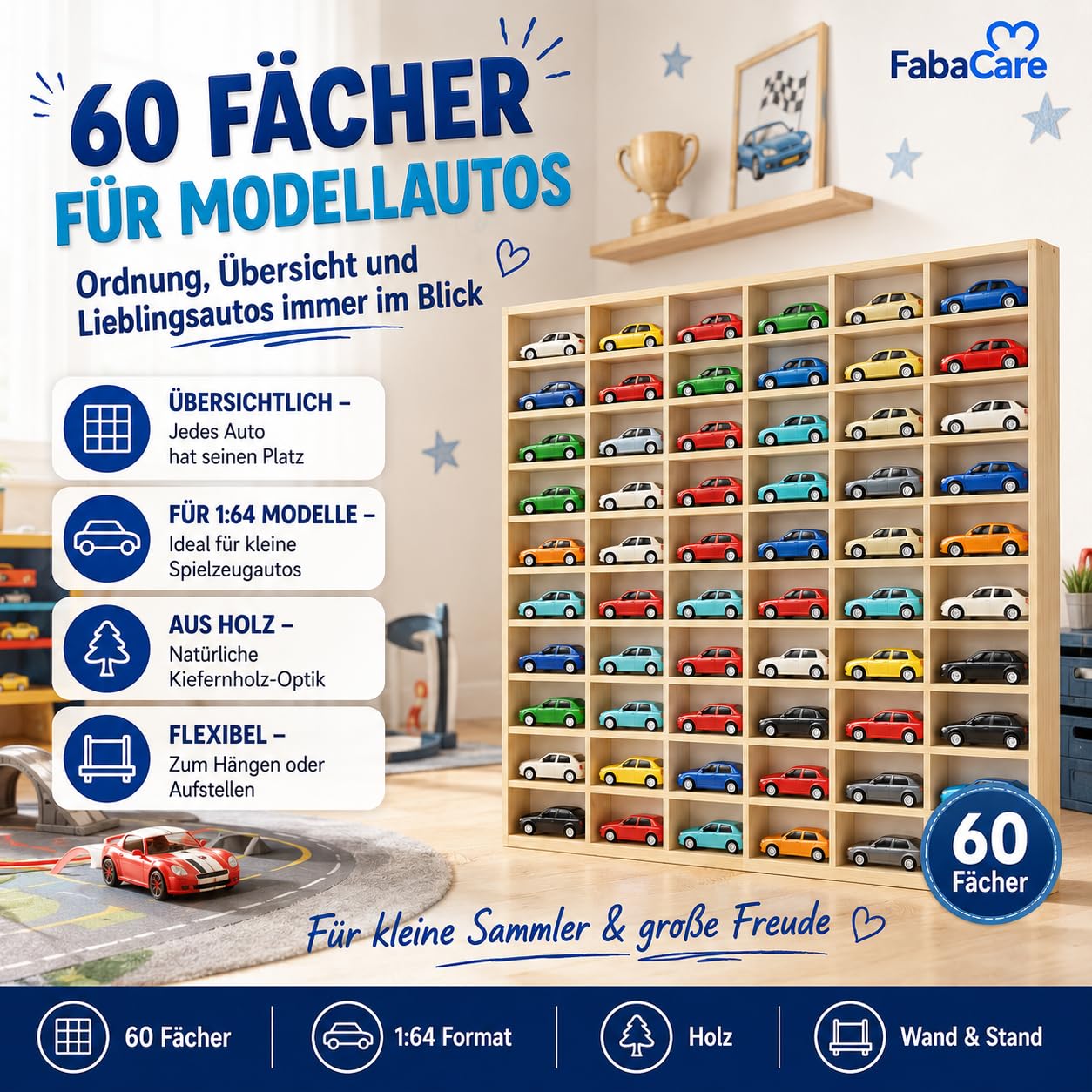 FabaCare Modellauto Regal aus Holz Setzkasten mit 60 Fächern zur Aufbewahrung von Spielzeugautos | Wand- oder Standregal für das Kinderzimmer & Sammler