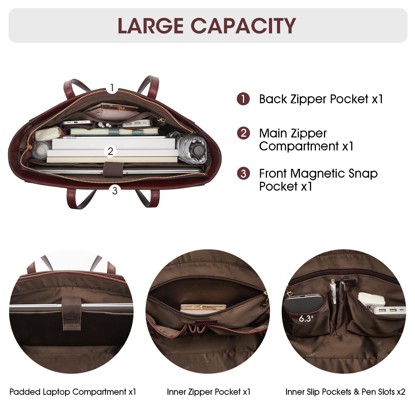 Kattee Bolsas de trabajo para mujer, bolsa grande de cuero con compartimento para laptop, bolsos de viaje