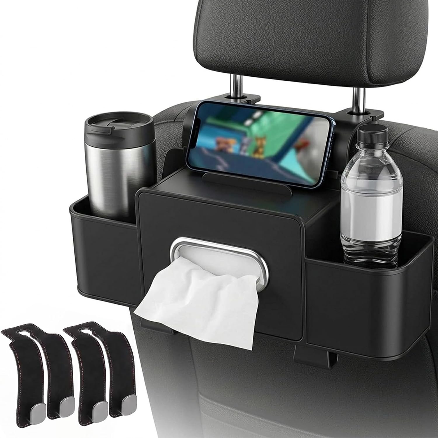 Car Back Seat Organizer with Tissue and Cup Holder | ABS Plastic Storage Box for Car SUV Van Truck with 2 Hanging Hooks, Black Interior Accessories