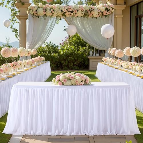 Miniatura 9 de Manteles blancos para mesas rectangulares de 6 pies, falda de mesa de tul con volantes blancos de una pieza con fundas de mesa de elastano