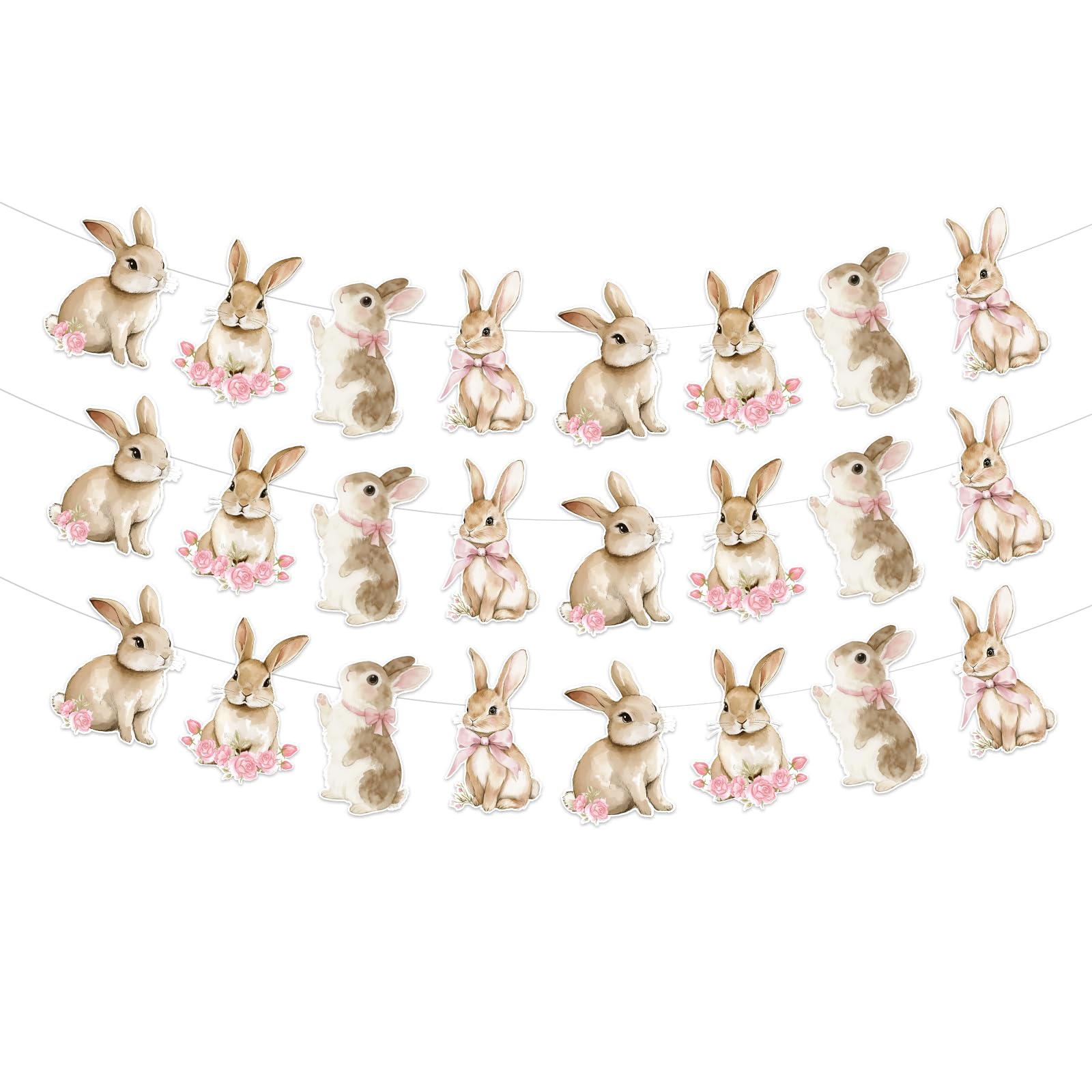Rabbit Birthday Banner 3Pcs Cute Bunny Party Garland Pink Bow Floral Bunny Hanging Decor for Girls Birthday Party Baby Shower Supplies