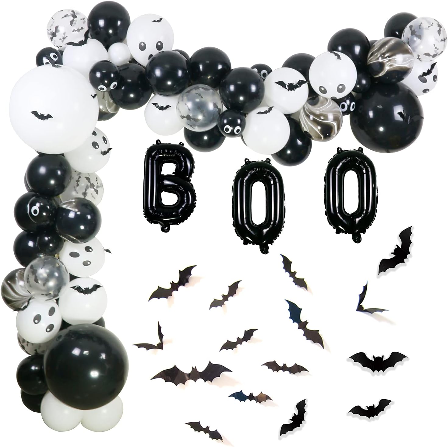 123 Pcs Halloween Balloon Arch Garland Kit, 18" 12" 5" Black White 18" Boo Foil Balloons with 3D PVC Bat Stickers for Halloween Baby Shower Birthday Party Decorations Supplies