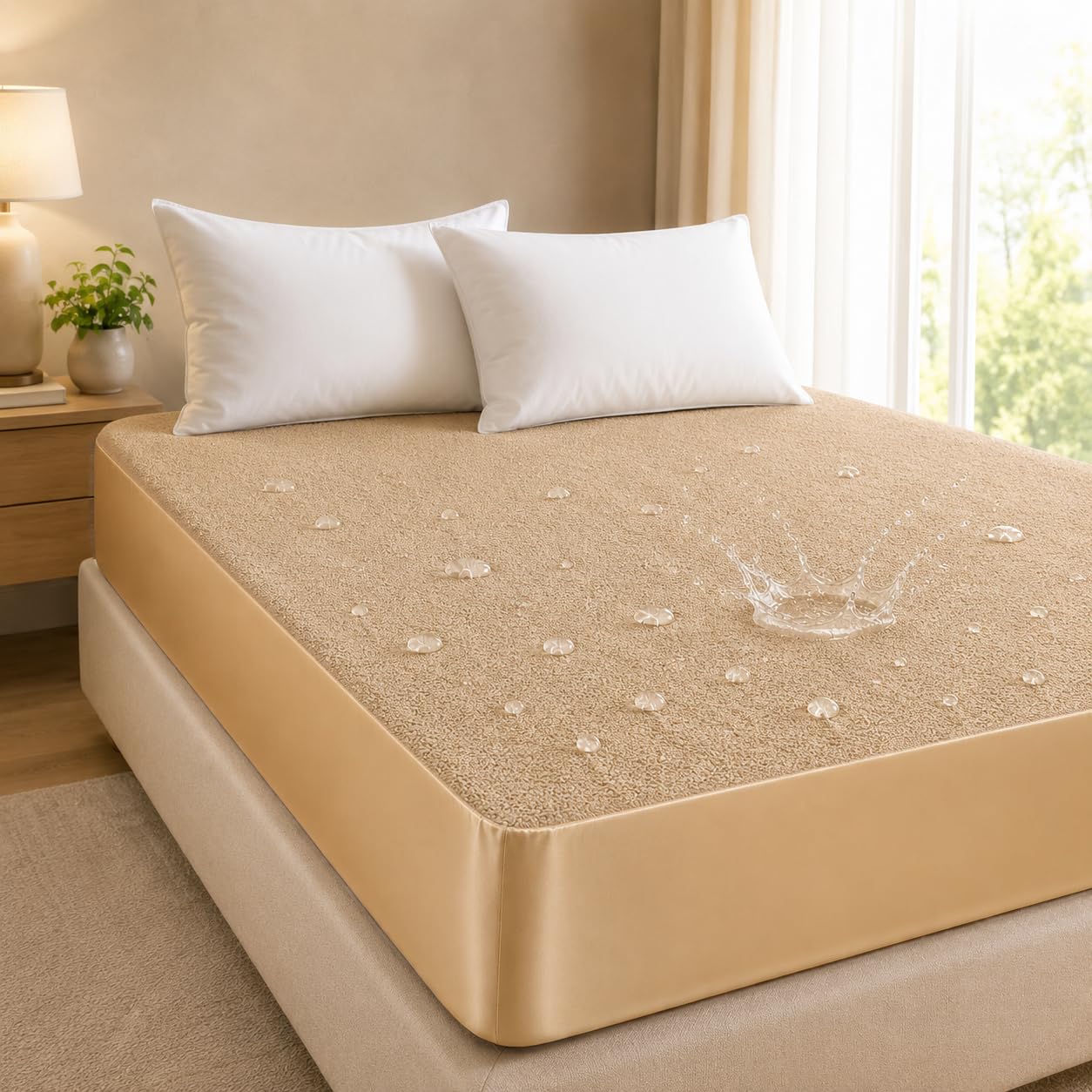 BSB HOME Waterproof Terry Mattress Protector, Soft Cotton Terry Mattress Cover with Deep Pocket Fitted Sheet Style, Breathable & Noiseless Bed Protector, King Size – 72 x 78 + 9 Inches - Warm Beige