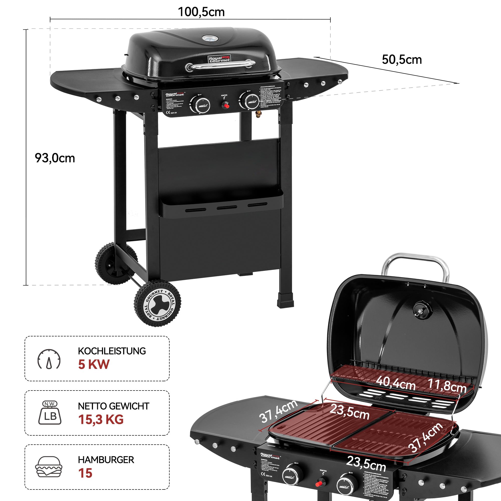 Royal Gourmet 2-Brenner Gasgrill und Griddle Combo, 2 IN 1 Grillwagen mit abklappbare Seitenablagen, Ablagekorb, 5 kW Campinggrill für Garten Schwarz