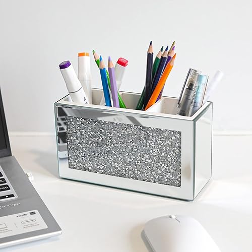 Miniatura 6 de SWTHONY Organizador de brochas de maquillaje plateado, brillante con 3 ranuras de cristal de diamante triturado con espejo de cepillos cosméticos,