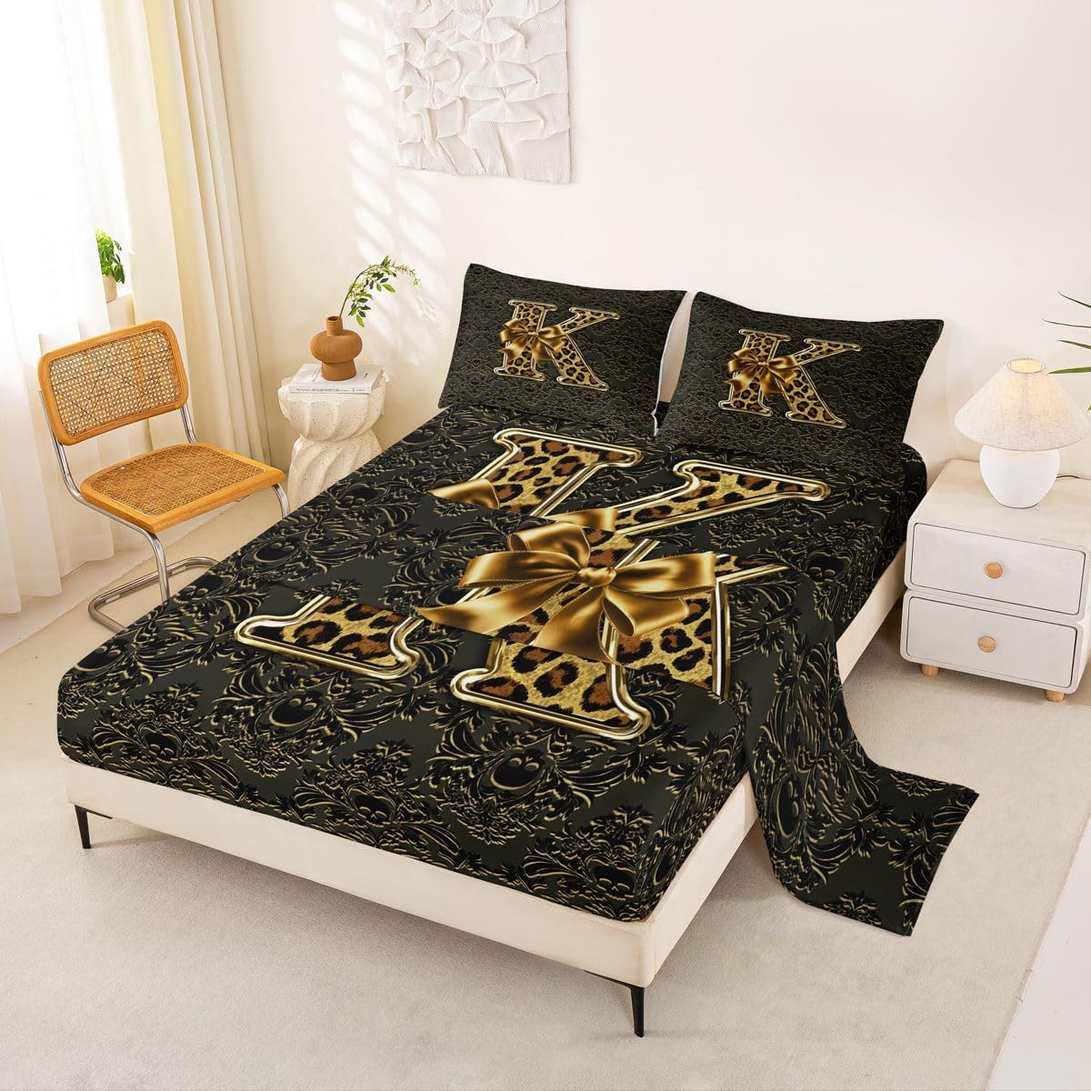 Erosebridal Brown Leopard Print Letter K Bow Sheet Set Gothic Damask Sugar Skull Full Size Bed Sheets for Toddler Boys,Vintage Floral Victorian Coquette Aesthetic Masculine Bedding Set