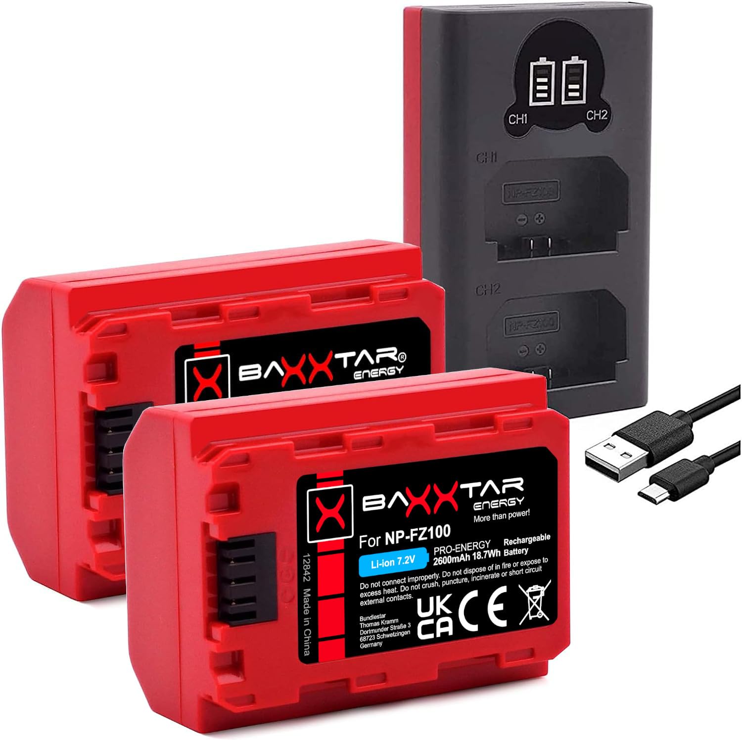 Baxxtar 2X Akku NP-FZ100 (2600 mAh) + Dual LCD USB-C Ladegerät – Ersatz für Sony Alpha 6600 6700 7 III IV 7R III–V 7S III 7C A9 FX3 FX30 ZV-E1 – Akku-Set für Foto & Video