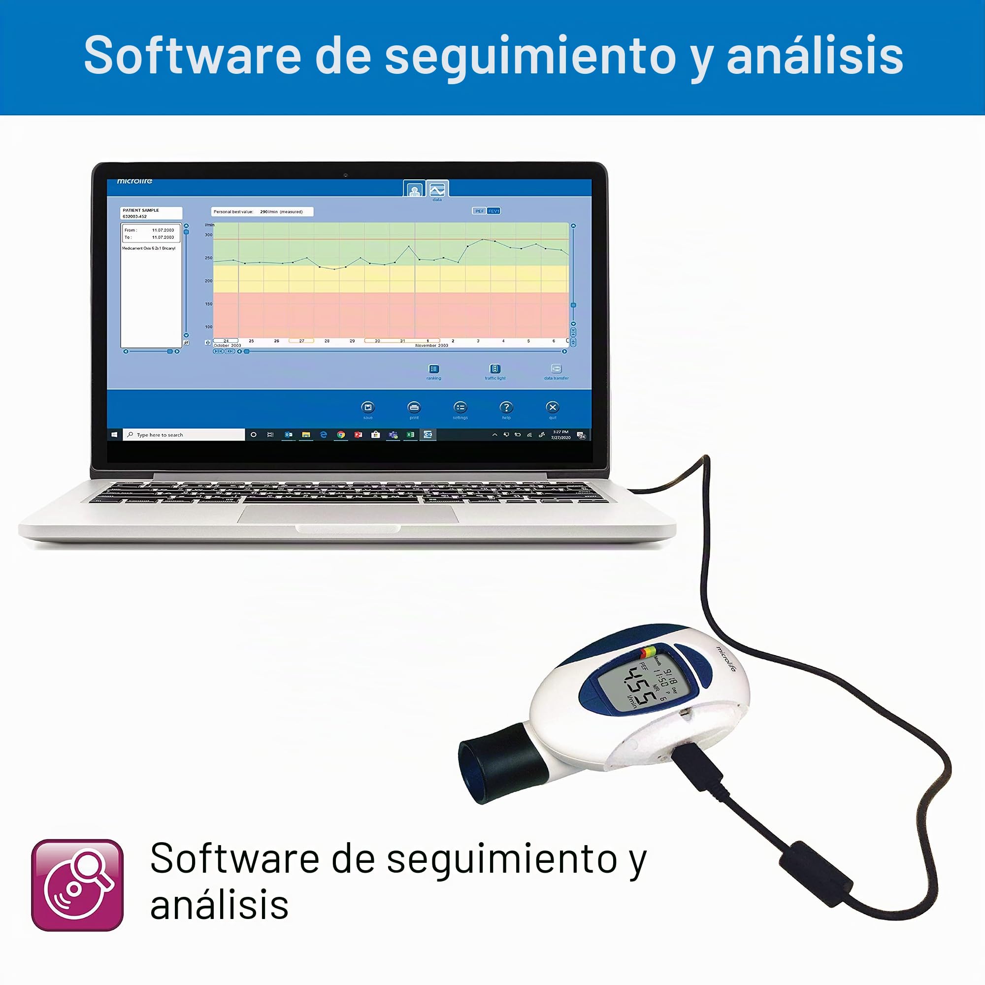 Microlife PF-100 - medidor de asma y flujo máximo | medición de flujo espiratorio (PEF) y medición de volumen espiratorio forzado (VEF1)