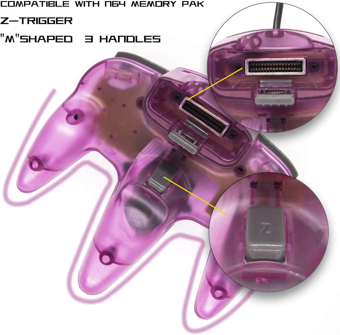 Wired Controller For Nintendo 64 N64 Console, Upgraded Joystick Classic Video Game Gamepad（Clear Green and Clear Purple,Pack of 2）