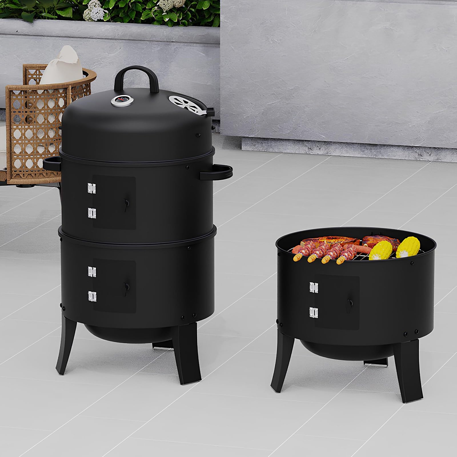 Przenośny grill i wędzarnia 3 w 1 – bezdymny grill do użytku wewnątrz i na zewnątrz z wbudowanym termometrem – idealny na kemping