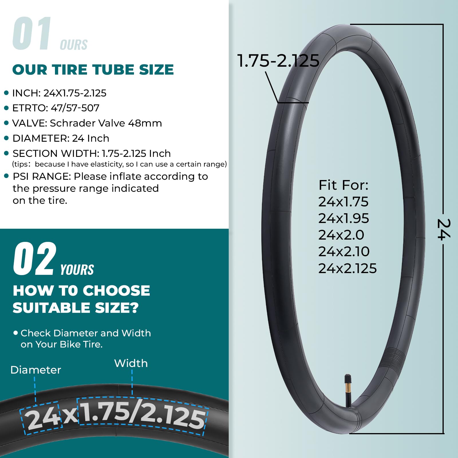 2 pezzi, 24 x 1,75/1,90/1,95/2,0/2,10/2,125 tubi per bici, compatibili con pneumatici da 24 x 1,75 a 2,125, con valvola Schrader da 48 mm, gomma butilica, utilizzati per mountain bike