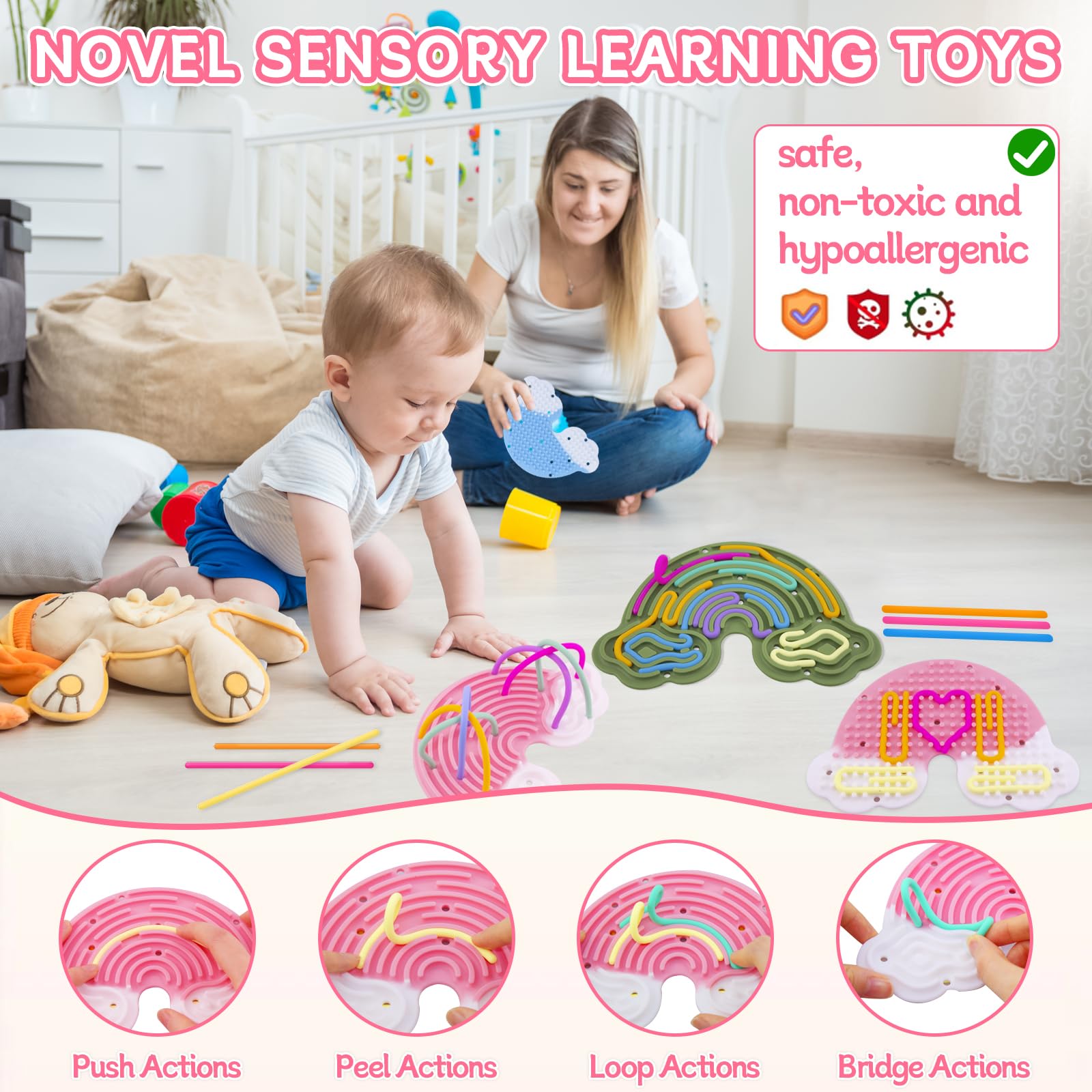 BMSQOFD 2 Pcs Sensory Activity Board Silicone Fidget Toy,Double Sided Rainbow Sensory Toys for Autism Stress Anxiety,ADHD,Kids Toddler Boys Girls 3+Adults with Travel Bag 24 Strings (Green&Pink) - Image 4
