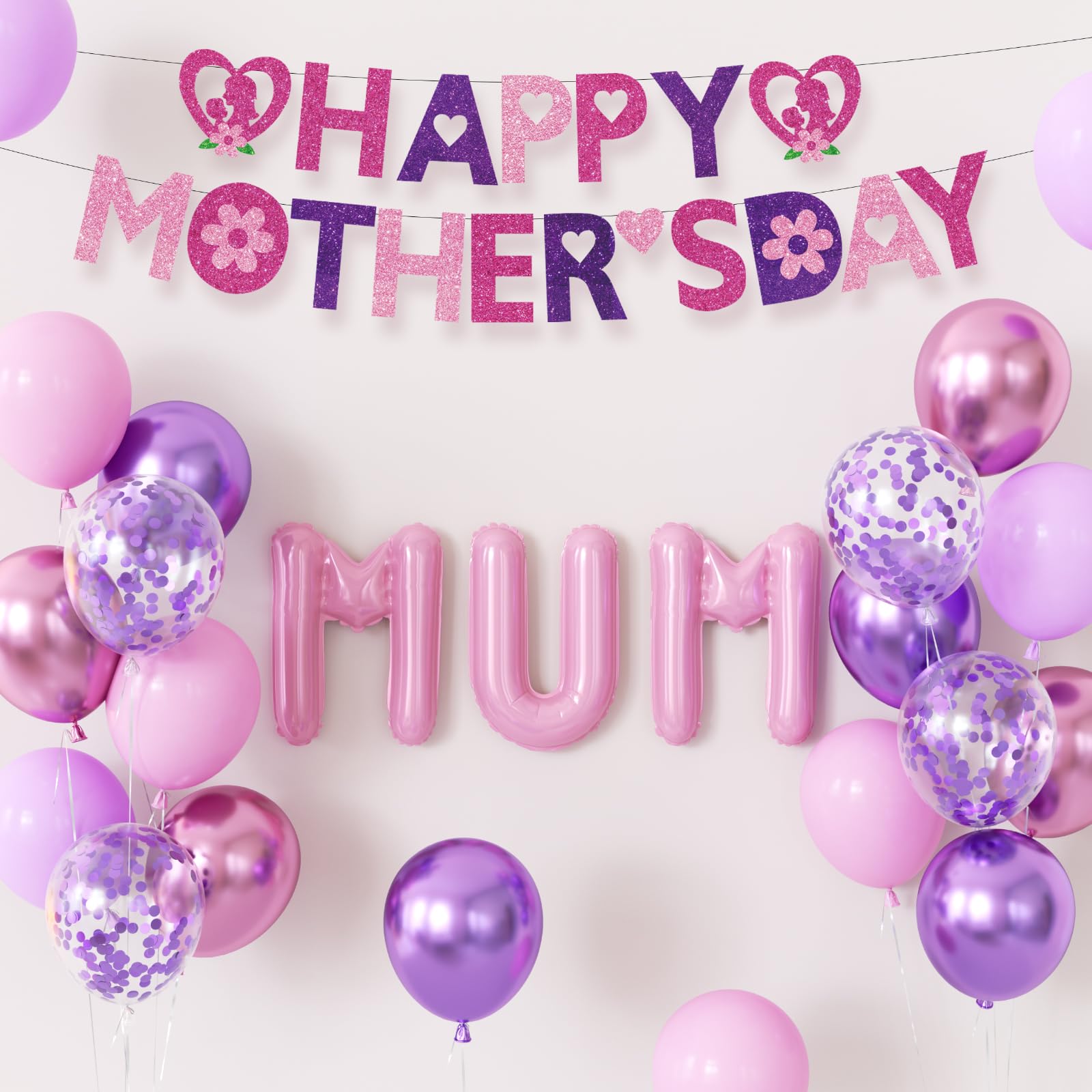 Adeyoo Mothers Day Balloons Decorations - Pink and Purple Mothers Day Balloons with Happy Mother's Day Banner Pink Mum Balloons for Mother's Day Party Decorations, Elegant Mothers Day Gifts for Mum — image 1