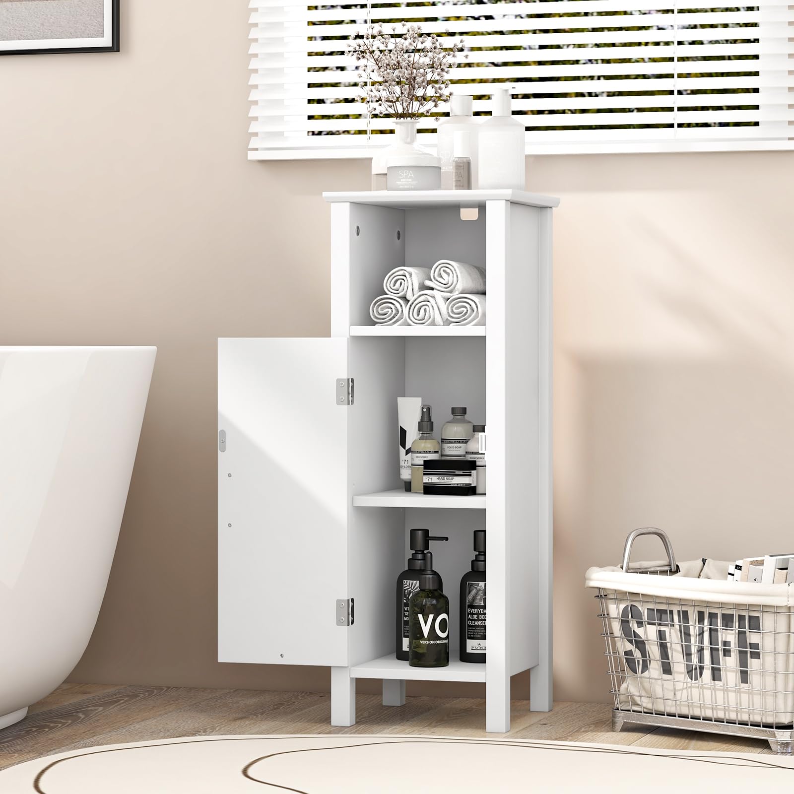LIFEZEAL Armario de baño, 30 x 30 x 80 cm, Armario de Suelo Independiente con una Puerta y Compartimento Abierto, Estante Ajustable, Mueble de Esquina para baño, salón (Blanco)