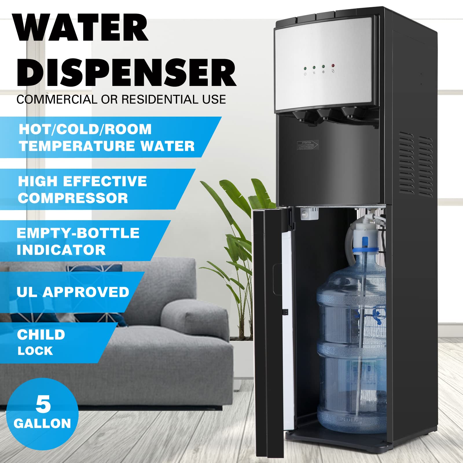 Bottom Loading Water Dispenser 5 Gallon,Hot Cold and Room Water Cooler