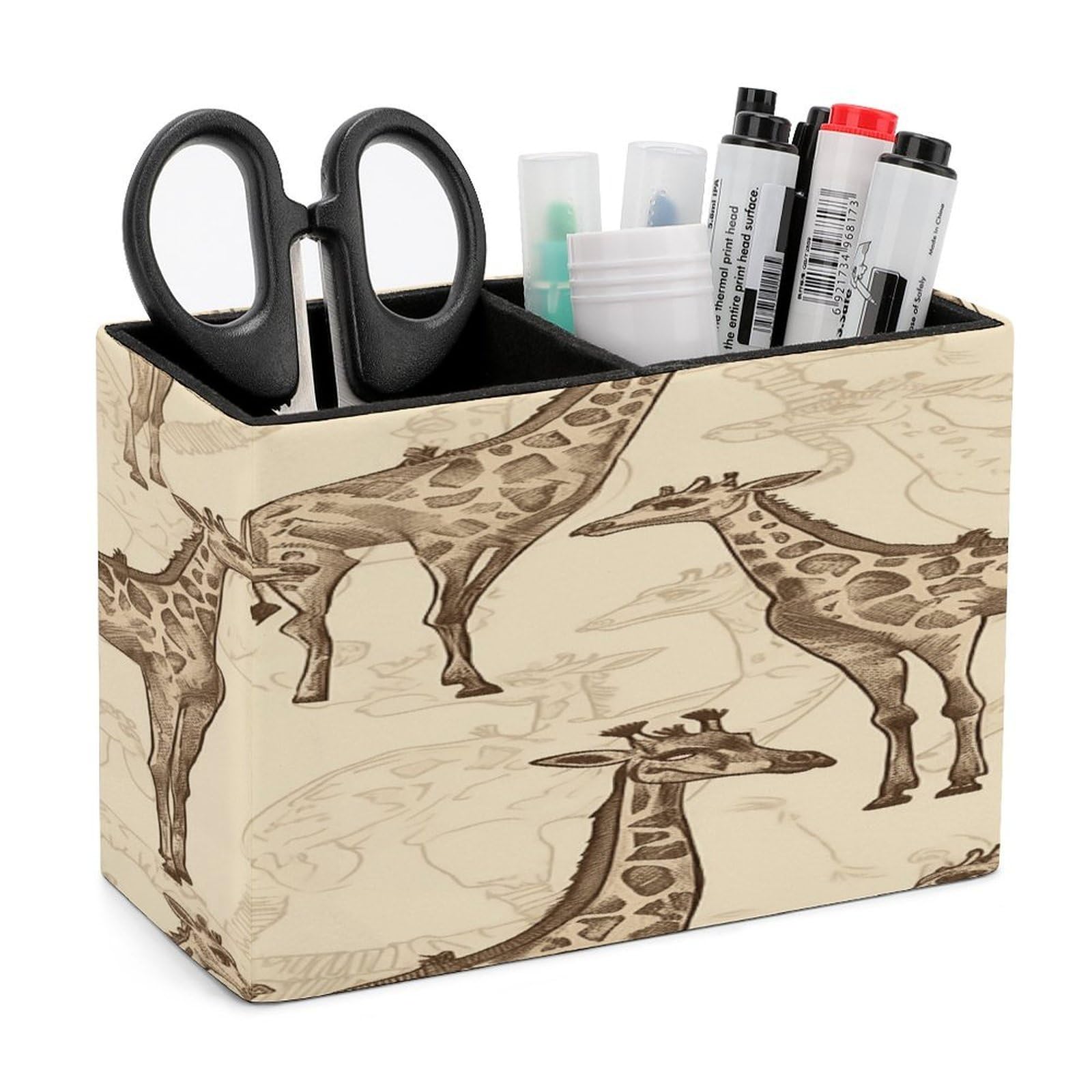 VstaDank Hand Drawn Giraffes Pencil Holder for Desk Organizer 2 Compartments Pen Cup Leather Square Pen Holder Pencil Cup Stand Makeup Brush Holders for Desktop Organizer Storage Case