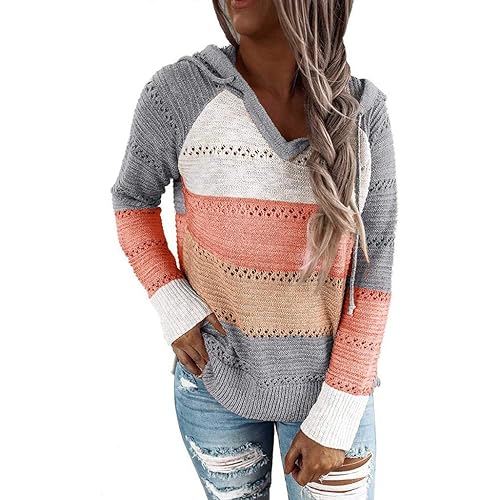 Fudule Women's Pullover Sweaters,Lightweight V Neck Pullover Color Block Hoodie Striped Hollow Out Sweater Knit Blouse