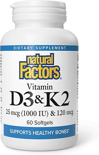 Natural Factors, Vitamina D3 y K2 1000 UI y 120 mcg, apoya la salud ósea y vascular, 60 cápsulas blandas