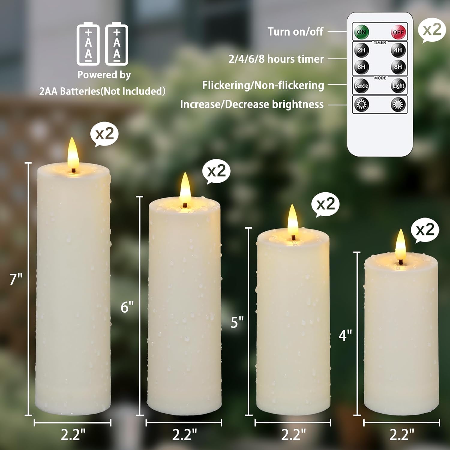 8pcs Waterproof Plastic Flameless 2.2" x4" 4" 5" 5" 6" 6" 7" 7" Flickering Ivory Candles with Remote and Timer, Outdoor LED Battery Operated Warm Light Long Lasting 600 Hrs
