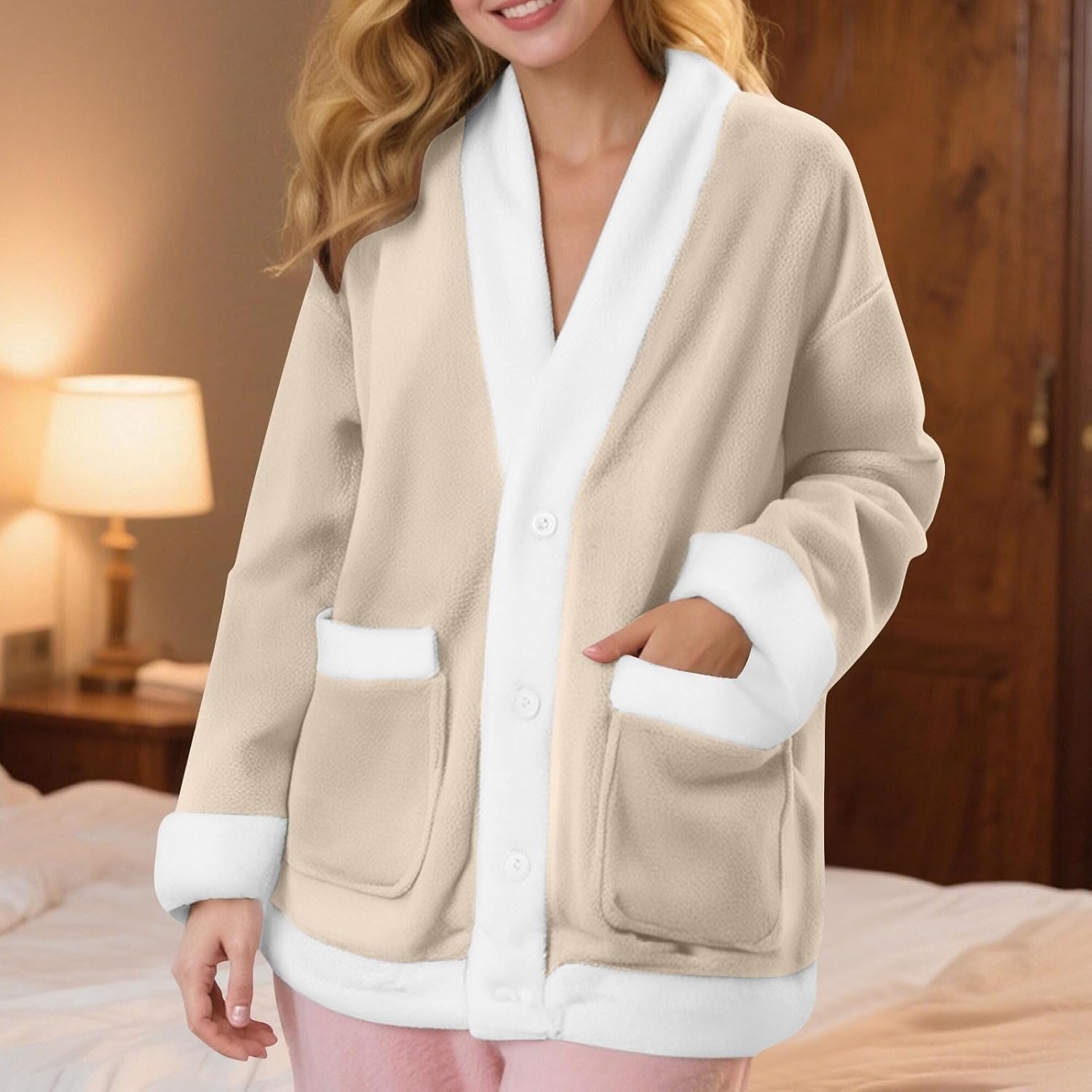 Fleece Jacket Women Cozy Warm Bed Jackets for Elderly Women Fuzzy V Neck Button Up Sleepwear Long Sleeve Winter Coat - Image 6