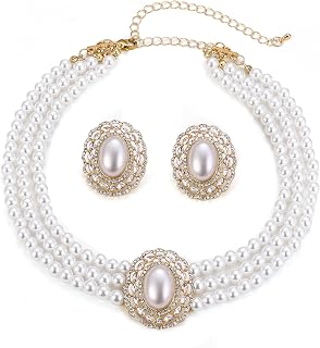 1920s Gatsby Jewelry Set for Party, Crystal Simulated Pearl Vintage Inspired Chandelier Necklace Earrings Sets for Woman