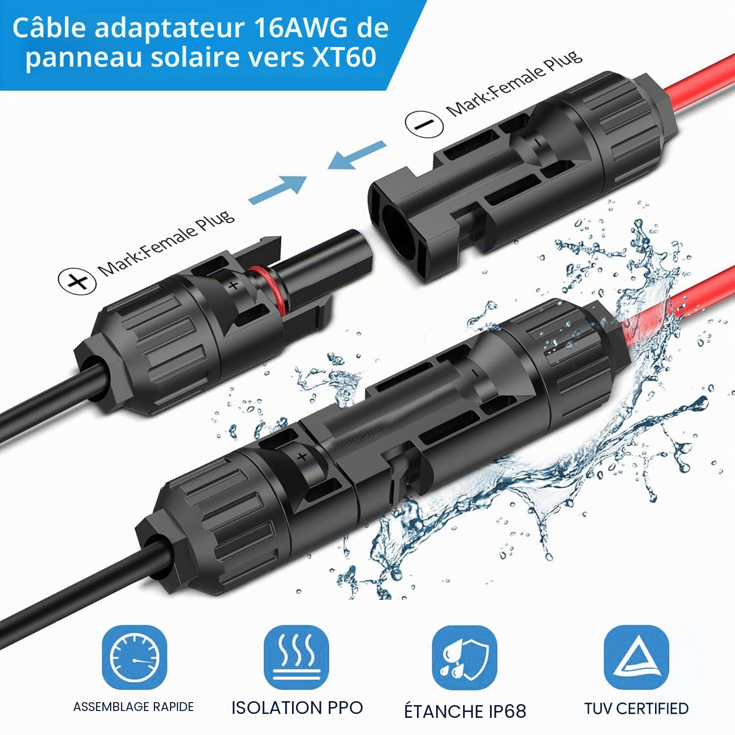 KFD ALLPOWERS S2000 Pro Câble de charge solaire vers XT60 Chargeur pour EF Ecoflow River Delta Delta Bluetti EB55 Anker 757/767 160W 220W 400W rallonge station d'alimentation portable et générateur