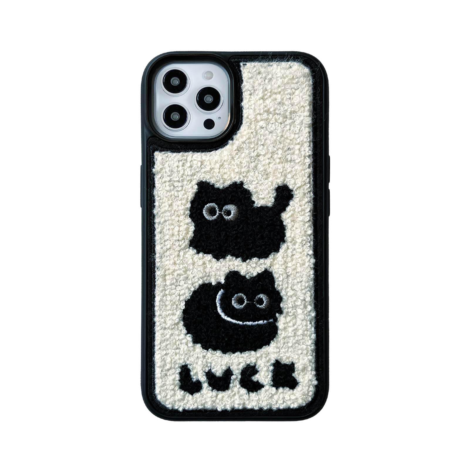 Tewwsdi Black Cat Kawaii Phone Case for iPhone 16 Pro Max,Cartoon Embroidered Kitty Cute Phone Cases Warm Furry Back,Fabric Fluffy Girly Case for
