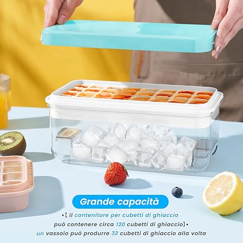 Miniatura 4 de Bandeja para cubitos de hielo con tapa y contenedor, 32 moldes para cubitos de hielo, bandejas de hielo para congelador, molde de bandeja para
