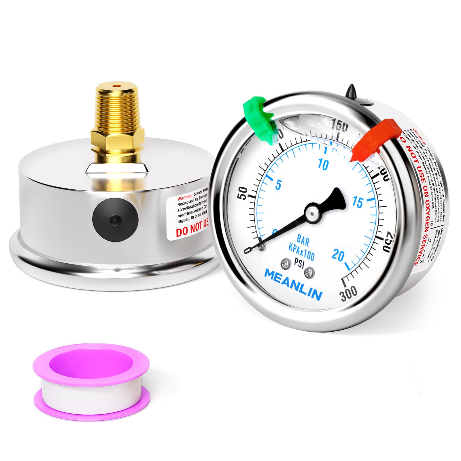 MEANLIN MEASURE 0~300Psi Liquid Filled Pressure Gauge 1/4" NPT 2.5" FACE DIAL Stainless Steel Glycerin Filled WOG Water Oil Air Back Mount (with 2PCS
