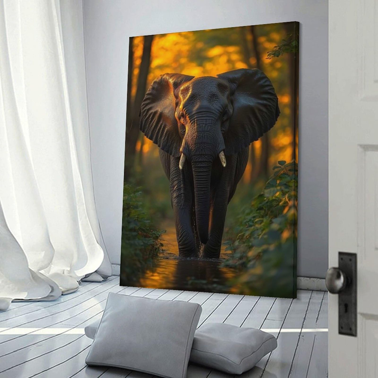 Junmoney Elephant Walking Through Water at Sunset Hanging Wall Art, 16x24inch(40x60cm), for Living Room, Bedroom, Office Or Hallway, Decorative Artwork with Broad Appeal