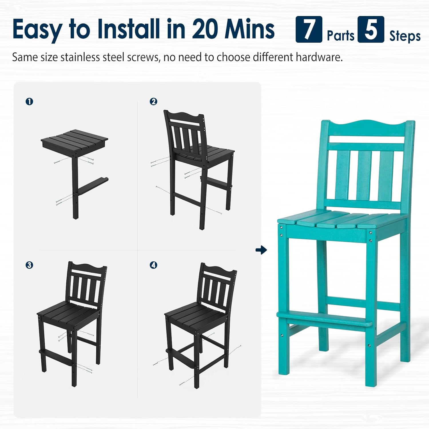 nalone Outdoor Bar Stools Set of 2, HDPE Tall Adirondack Chairs Bar Chairs, Weather Resistance Bar Height Chair for Balcony, Garden, Yard, Backyard (Aruba, Bar Chairs Set of 2)