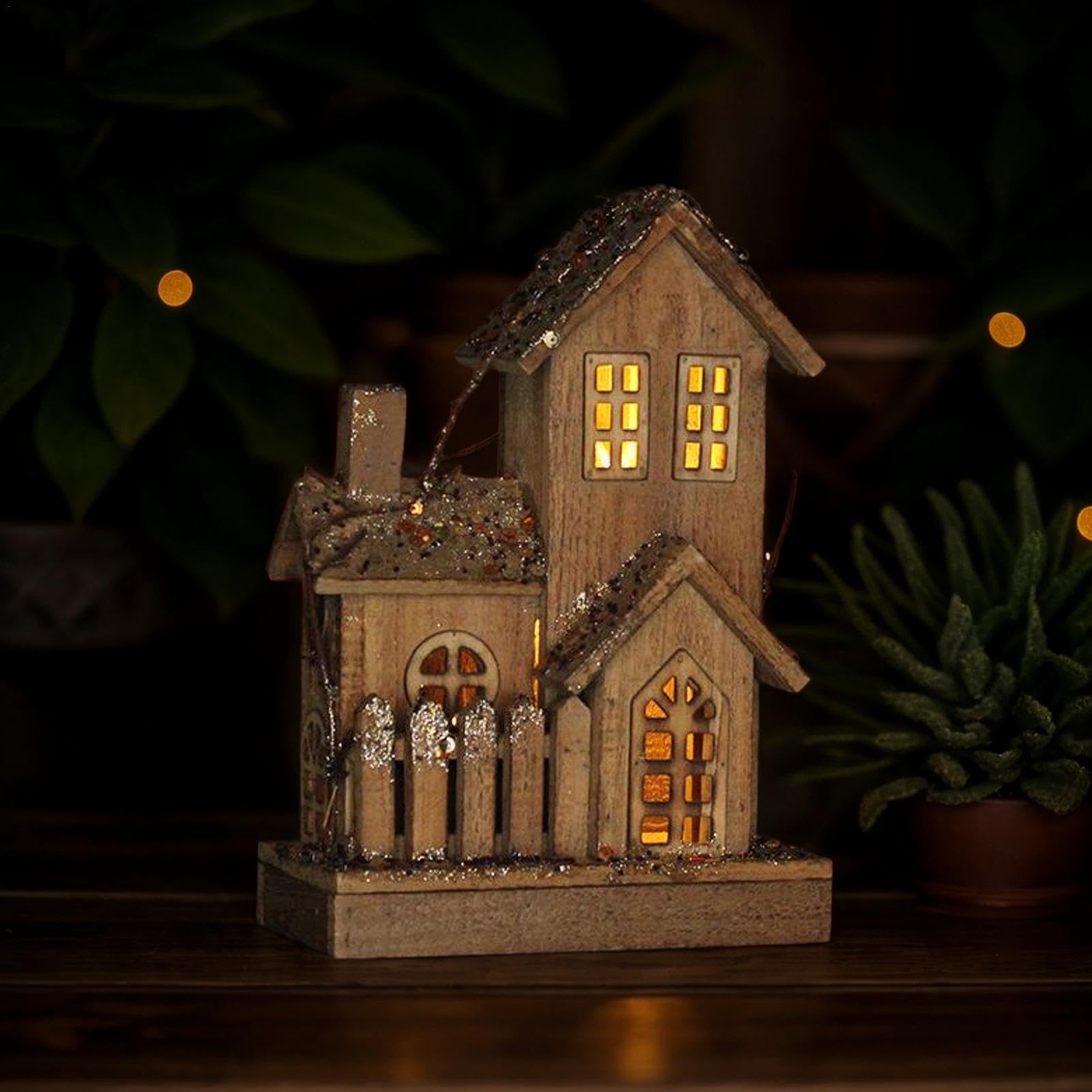 Statuetta della casa del villaggio di Natale, decorazione della casa di | Natale in legno - Statua della casa della figura illuminata in miniatura di Natale | fotografici ornamentali per la