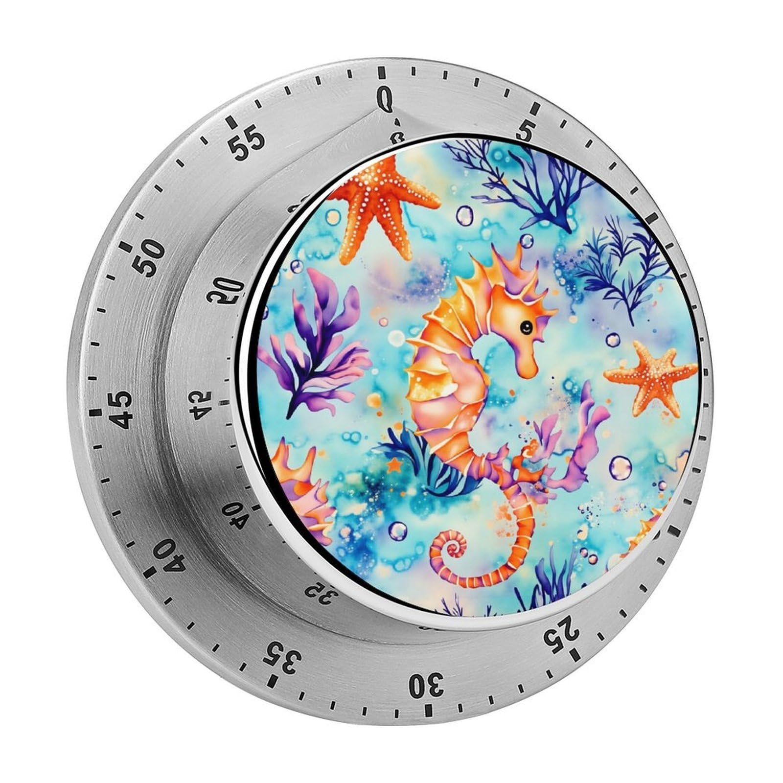 Seahorse Starfish Watercolor 60 Minute Wind Up Timer,Visual Mechanical Magnetic Timer with Loud Alarm for Kitchen