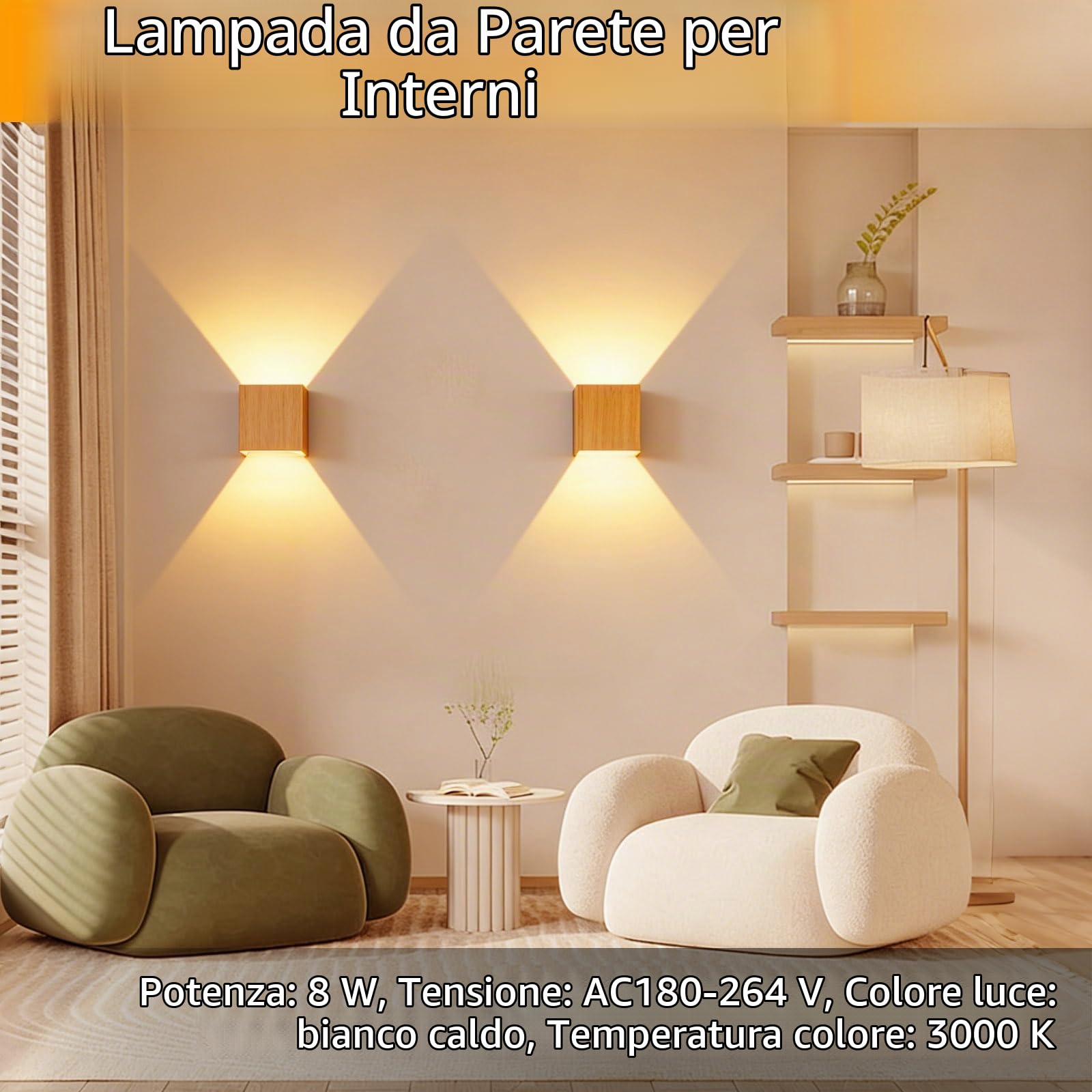 2 pezzi di Applique da Parete LED 8W Legno,Lampada da Parete Moderno 3000K