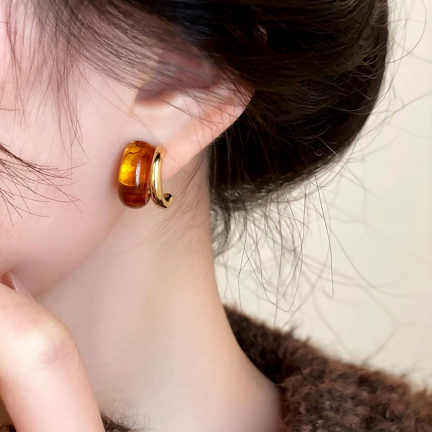 Amber Stud Earrings for Women, C Shape Brown Earrings with S925 Ear Post, 18K Gold Plated Earrings for Vintage Jewelry - Image 5