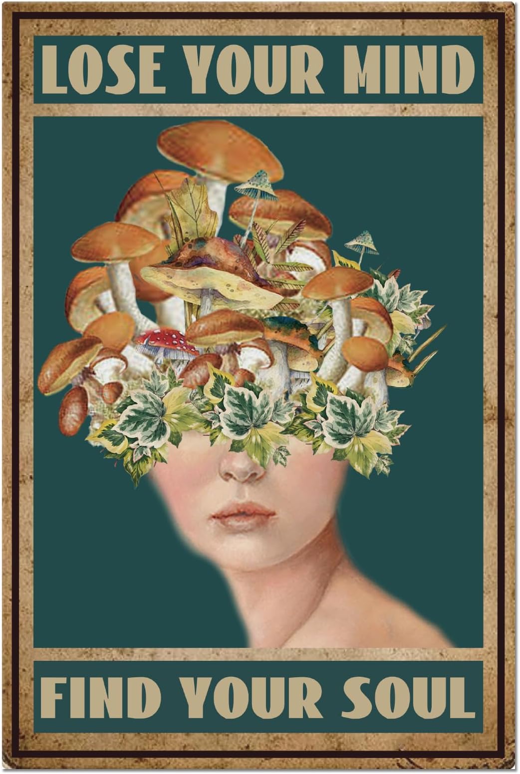 SUPERDANT Mushroom Portrait Metal Tin Sign Retro Inspirational Lose Your Mind Tin Painting Plaque Wall Art Poster Old Fashion Aluminum Sign for Christmas Home Bedroom Living Room Bar Decor