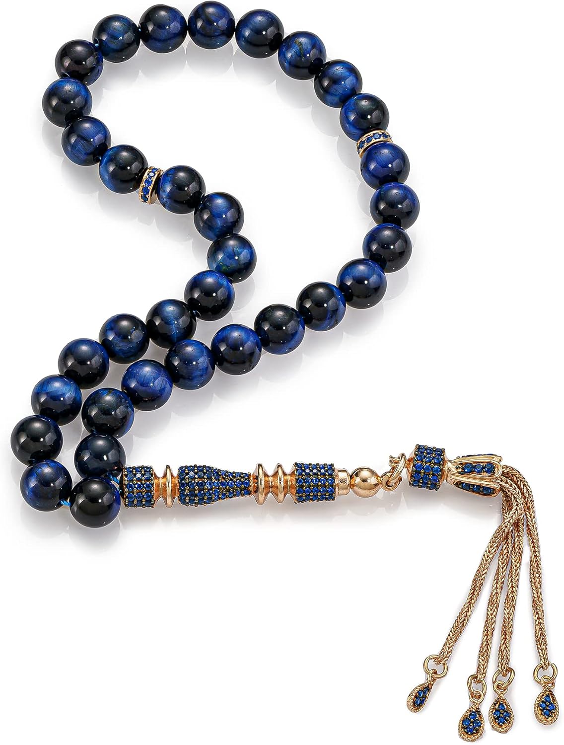 Solid 925 Sterling Silver Tassel Blue Tiger's Eye Stones Islamic 33 Prayer Beads Tasbeeh Misbaha