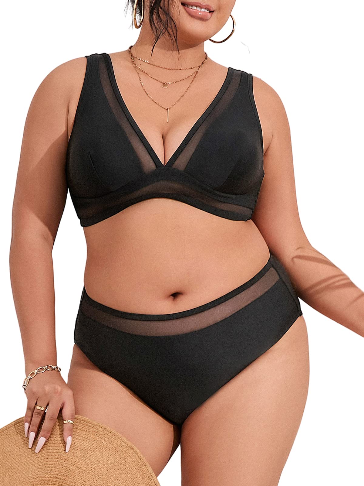 CUPSHE Conjunto de bikini para mujer, traje de baño de talla grande, traje de baño sin mangas, cintura media, cuello en V profundo, correas anchas, gancho trasero de malla