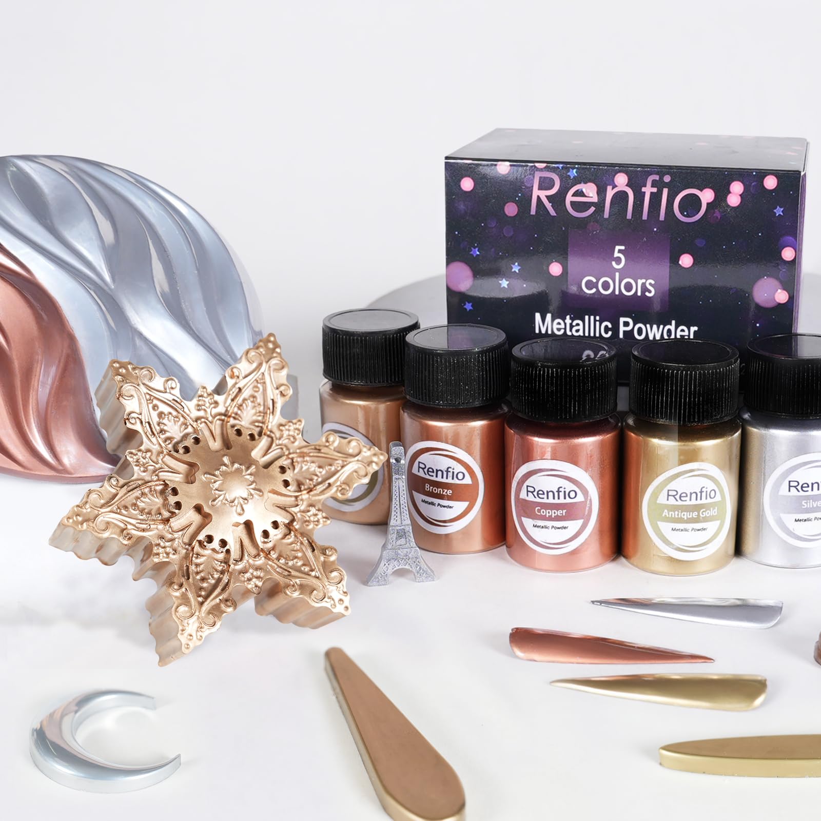 Renfio Polvo de pigmento metálico, polvo de mica metálica de 5 colores para resina, 6 polvos de metal de 20 ml, pigmento de color de resina epoxi, pigmento de resina fina para Kintsugi, arcilla
