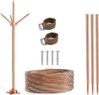 Lightning Rod with 60 Feet 6AWG Down Conductor and 5/8 Grounding Rod and Clamp UL Listed for House Roof Bungalow Tin House Farm